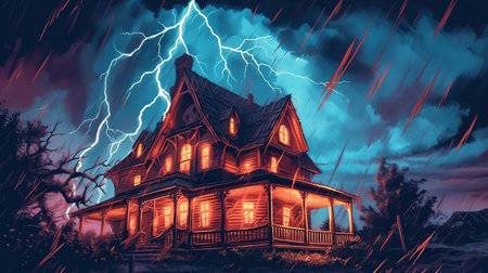 A lightning strike illuminating a haunted mansion . Fantasy concept, Illustration painting. Generative AIの素材