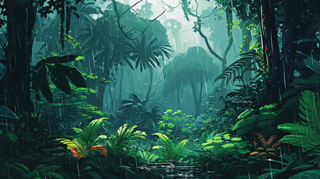 A monsoon season in a tropical rainforest. Fantasy concept, Illustration painting.の素材
