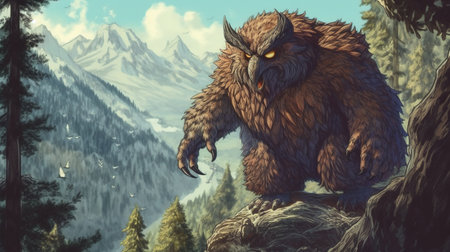 A owlbear guarding a mountain pass. Fantasy concept, Illustration painting.の素材