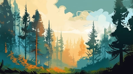 A misty forest in the morning. Fantasy concept, Illustration painting.の素材