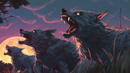 A pack of werewolves hunting under a full moon. Fantasy concept, Illustration painting.の素材
