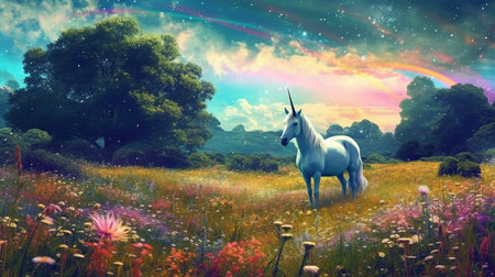 A peaceful meadow with a gentle rain and a unicorn grazing. Fantasy concept, Illustration painting.の素材