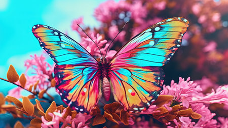 A rainbow-colored butterfly resting on a flower. Fantasy concept, Illustration painting.の素材
