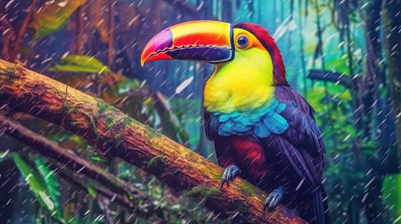 A rainbow-colored toucan perched on a branch in the rainforest. Fantasy concept, Illustration painting.の素材