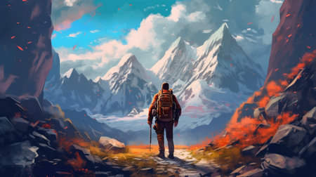 A ranger using their survival skills to navigate through a treacherous mountain pass. Fantasy concept, Illustration painting.の素材