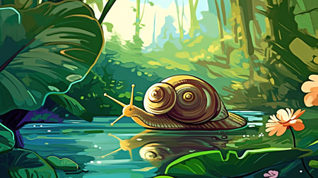 A serene garden with a snail slowly making its way across a leaf. Fantasy concept, Illustration painting.の素材