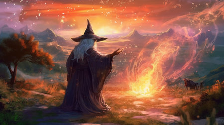 A sorcerer summoning a powerful elemental to do their bidding. Fantasy concept, Illustration painting.の素材