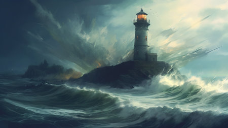 A stormy sea with a lighthouse in the distance. Fantasy concept, Illustration painting.の素材