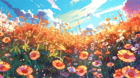 A sun shower in a flower field. Fantasy concept, Illustration painting.の素材