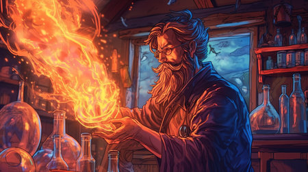 A wizard conjuring a fireball in a magical laboratory . Fantasy concept, Illustration painting.の素材