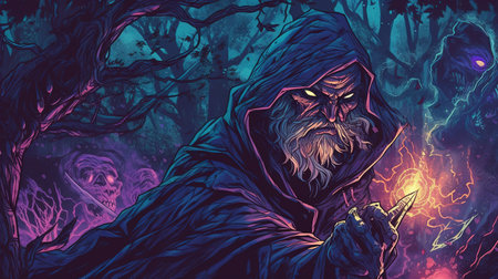 A warlock using their dark powers to curse their enemies . Fantasy concept, Illustration painting.の素材