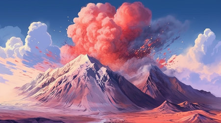 A volcanic mountain with smoke rising from the crater. Fantasy concept, Illustration painting.の素材