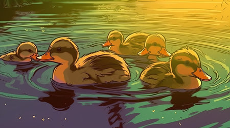Adorable ducklings following their mother . Fantasy concept, Illustration painting.の素材