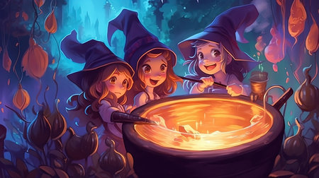 Adorable little witches brewing potions in a cauldron . Fantasy concept, Illustration painting.の素材