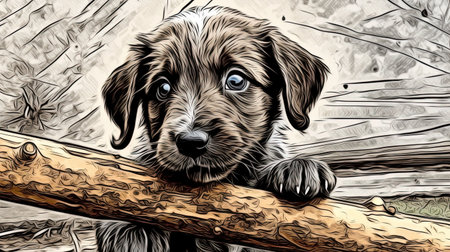 Adorable puppy playing fetch. Fantasy concept, Illustration painting.の素材