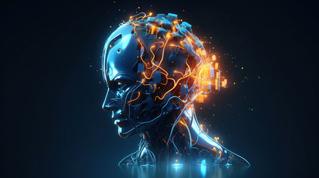 Cyborg girl portrait , artificial intelligence Digital brain . Fantasy concept, Illustration painting.の素材