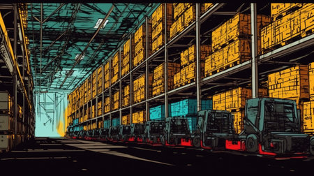 Automated warehouse logistics. Fantasy concept, Illustration painting.の素材