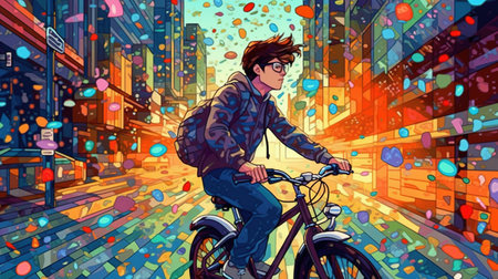 Bicycle messenger weaving through city traffic . Fantasy concept, Illustration painting.の素材