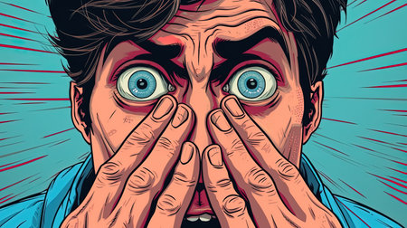 The alarmed man grabs his face. Fantasy concept, Illustration painting.の素材