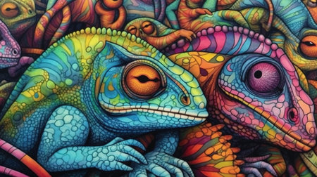 Colorful chameleons blending into their surroundings . Fantasy concept, Illustration painting.の素材