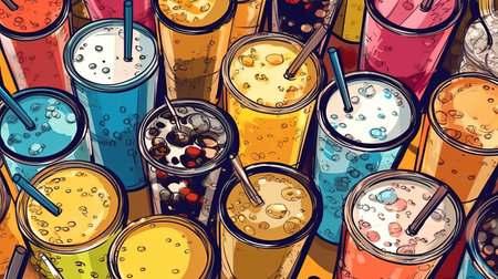 Colorful bubble tea drinks. Fantasy concept, Illustration painting.の素材