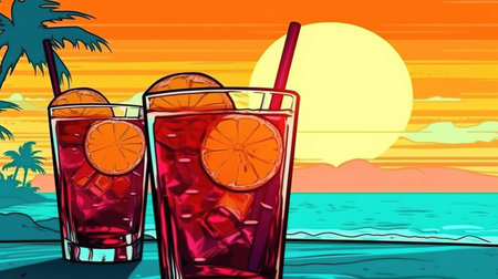 Cocktails on a beach background. Fantasy concept, Illustration painting.の素材