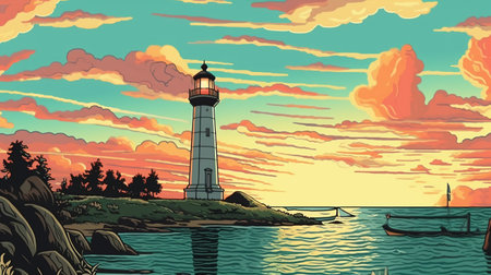 Coastal lighthouse at dawn. Fantasy concept, Illustration painting.の素材