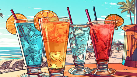 Cocktails on a beach background. Fantasy concept, Illustration painting.の素材