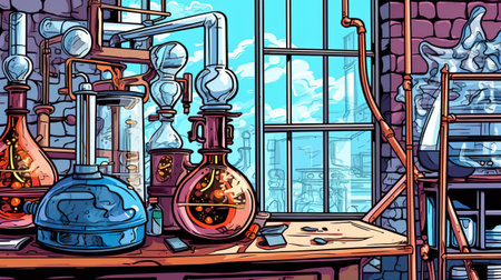 Chemistry laboratory equipment. Fantasy concept, Illustration painting.の素材