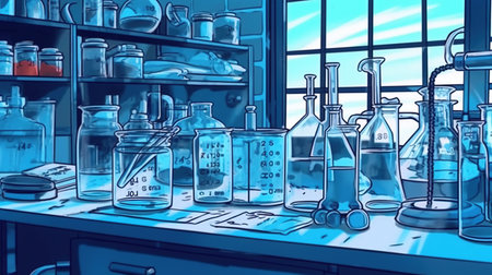 Chemistry laboratory equipment. Fantasy concept, Illustration painting.の素材