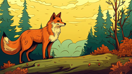 cartoon fox in the forest. Fantasy concept, Illustration painting.の素材
