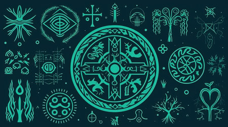 Celtic druidic symbols and rituals. Fantasy concept, Illustration painting.の素材
