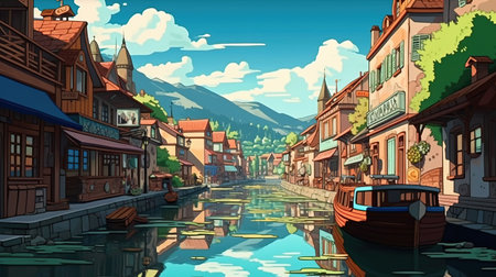 Charming canal town exploration. Fantasy concept, Illustration painting.の素材