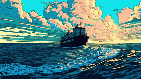 Cargo ship sailing on the open sea. Fantasy concept, Illustration painting.の素材