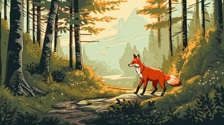 cartoon fox in the forest. Fantasy concept, Illustration painting.の素材