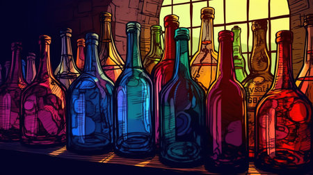 Bottles of fine wine in a cellar. Fantasy concept, Illustration painting.の素材