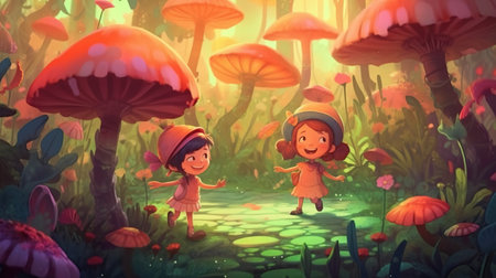 Cute little pixies flying around a garden. Fantasy concept, Illustration painting.の素材