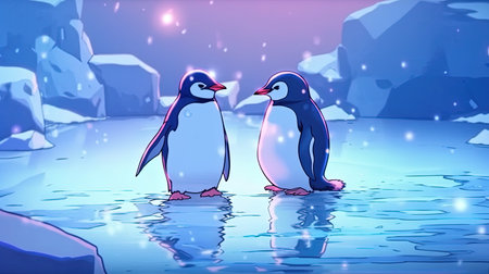 Cute penguins sliding on ice. Fantasy concept, Illustration painting.の素材