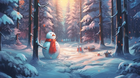 Cuddly magical snowmen living in a frozen wonderland. Fantasy concept, Illustration painting.の素材