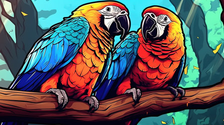 Colorful parrots perched on a tree branch. Fantasy concept, Illustration painting.の素材