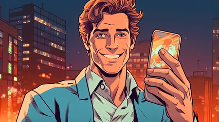 Handsome man holding a smartphone and smiling. Fantasy concept , Illustration painting.の写真素材