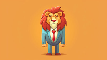Lion wearing a suit and tie on orange background. Cartoon character. Cartoon illustration.の写真素材