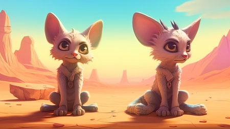 Cute little sphinxes in a mystical desert. Fantasy concept, illustration painting. Digital art.の写真素材