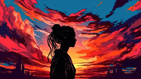 Dramatic sunset silhouettes. Fantasy concept, Illustration painting. Digital art.の写真素材