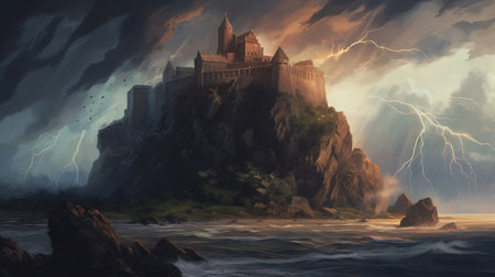 A storm brewing over a castle on a cliff. Fantasy concept, Illustration painting.の写真素材