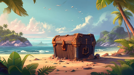 A hurricane sweeping through a deserted island with a treasure chest. Fantasy concept, Illustration painting.の写真素材
