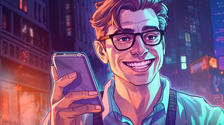 Handsome man holding a smartphone and smiling. Fantasy concept, Illustration painting. Digital art.の写真素材