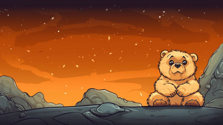 Cute cartoon bear sitting on the rock. Cartoon illustration. Digital illustration.の写真素材