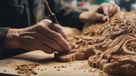 Skilled carpenter working on a wooden sculpture. Digital art.の写真素材