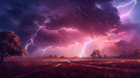 Dramatic lightning strikes in a storm. Fantasy concept, Illustration painting. Digital art.